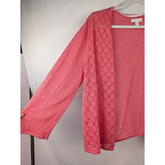 Lace Pointelle Open Front Cardigan Size L Coral Knit Coquette Preppy Soft Girl - Picture 3 of 8